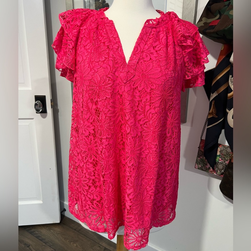 Nanette Lepore Vibrant Pink Lace Blouse